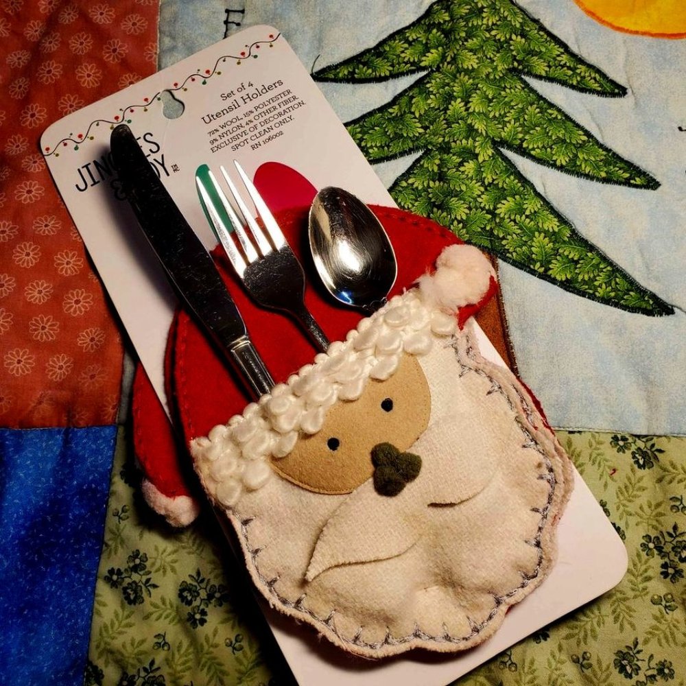 Christmas SANTA Utensil Holders Adorable Kiddy Treat Bags Set of 4 NIP 7.5 in